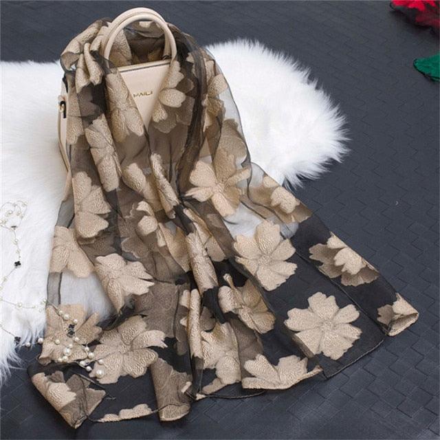 Sheer Wrap Leaves Embroidered Silk Scarves - PAP Art Store