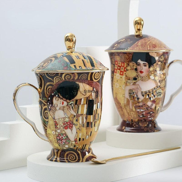 Gustav Klimt Bone Mugs with lid and spoon - PAP Art Store