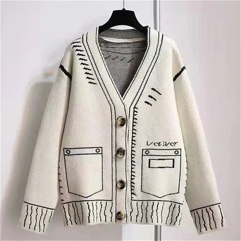 Color Block Doodle Knitted Cardigan