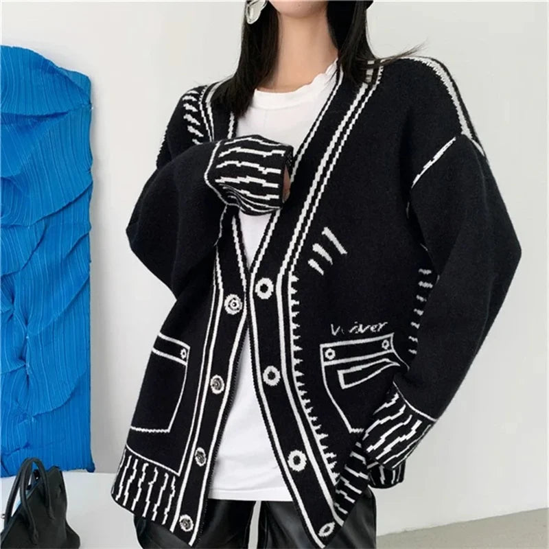 Color Block Doodle Knitted Cardigan