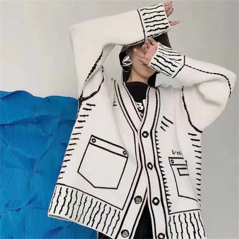 Color Block Doodle Knitted Cardigan