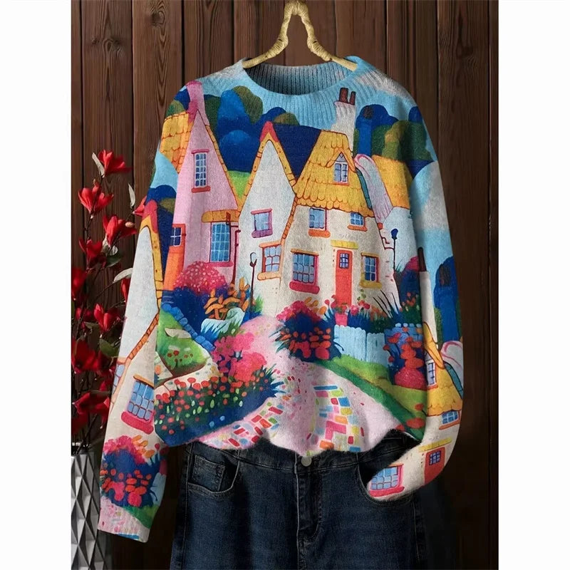 Colorburst Cottages Loose Sweater