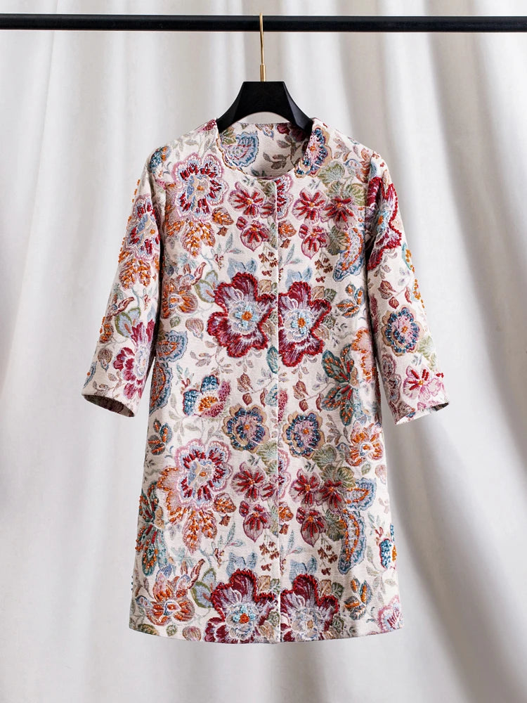 Floral Elegance Beaded Jacquard Coat