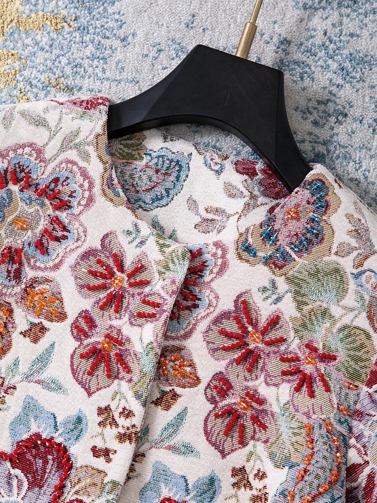 Floral Elegance Beaded Jacquard Coat