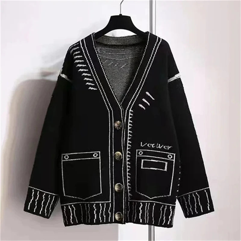 Color Block Doodle Knitted Cardigan