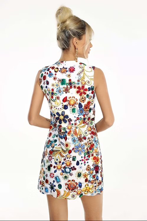 Vibrant Diamante Stones White Mini Dress