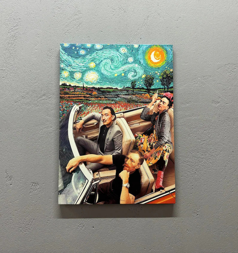 Dali, Gogh And Frida In Car Starry Night Wall Art Print