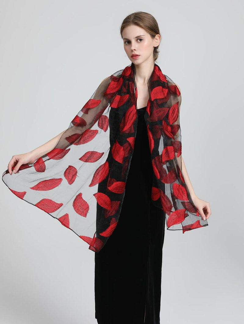 Sheer Wrap Leaves Embroidered Scarves