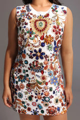 Vibrant Diamante Stones White Mini Dress