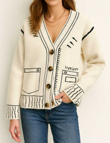 Color Block Doodle Knitted Cardigan
