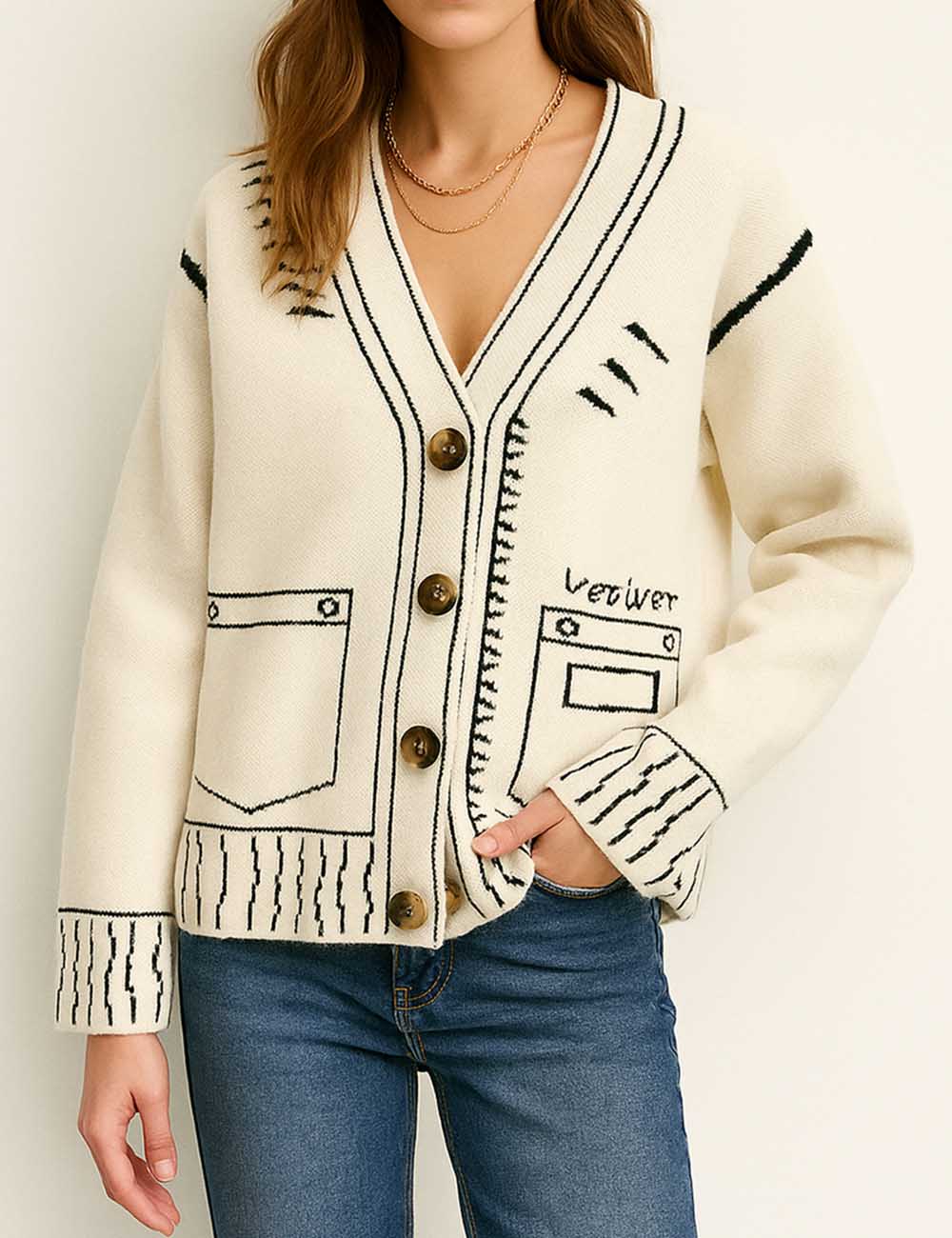 Color Block Doodle Knitted Cardigan