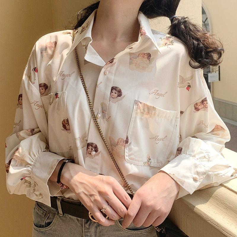 Angel Print Long Sleeve Chiffon Shirt - PAP Art Store