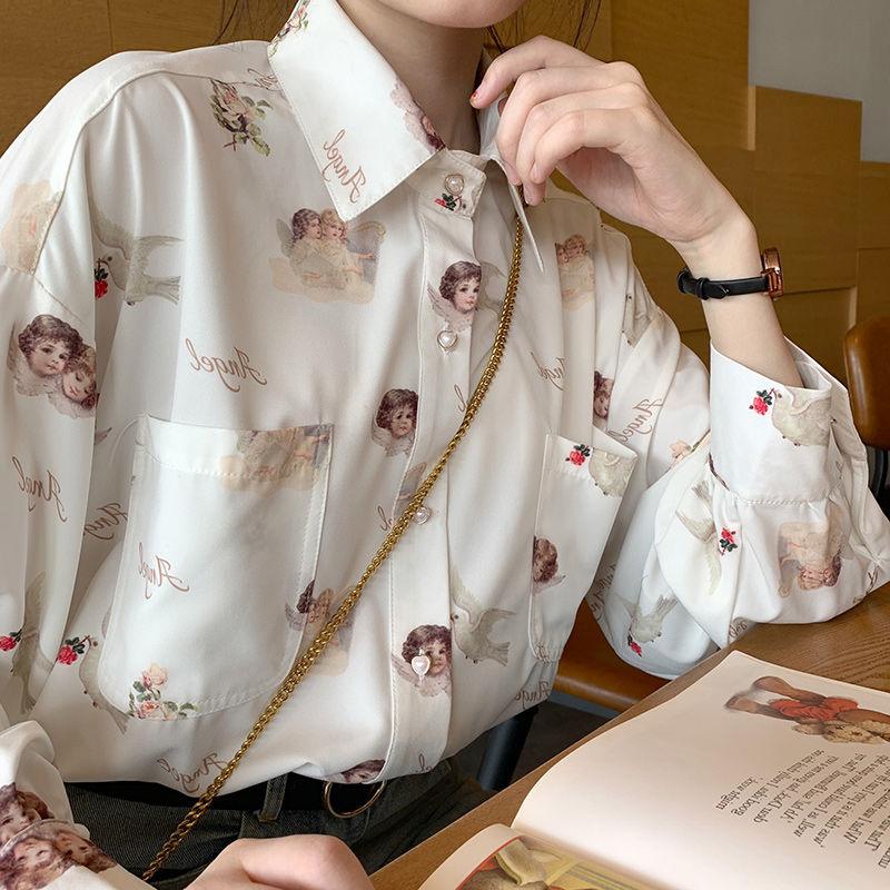 Angel Print Long Sleeve Chiffon Shirt - PAP Art Store