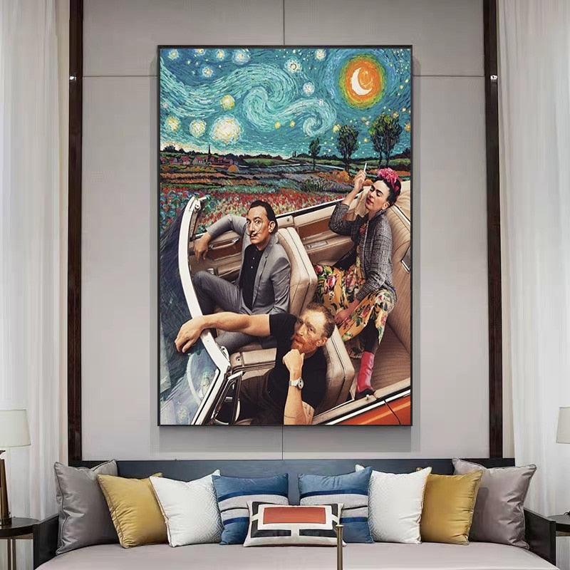 Dali, Gogh And Frida In Car Starry Night Wall Art Print - PAP Art Store