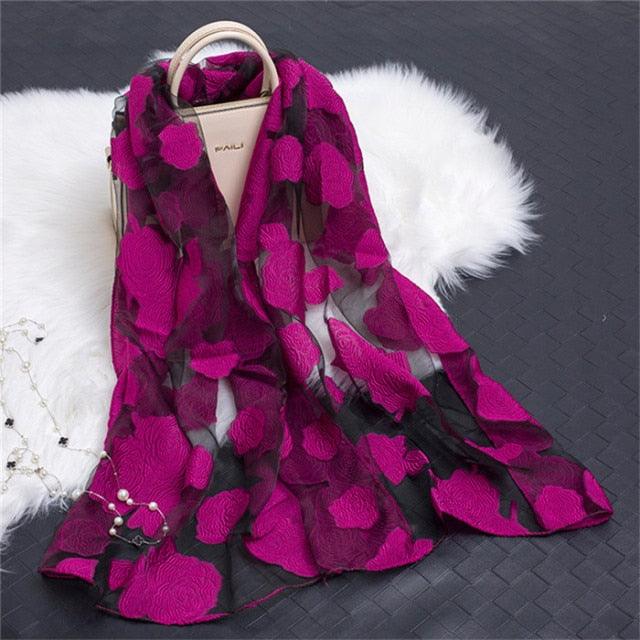 Sheer Wrap Leaves Embroidered Silk Scarves - PAP Art Store