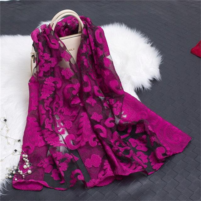 Sheer Wrap Leaves Embroidered Silk Scarves - PAP Art Store