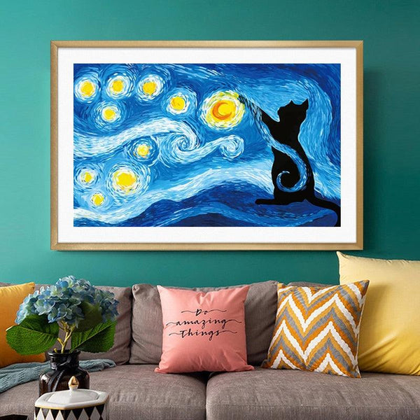 Starry Night Parody with a Black Cat Print - PAP Art Store